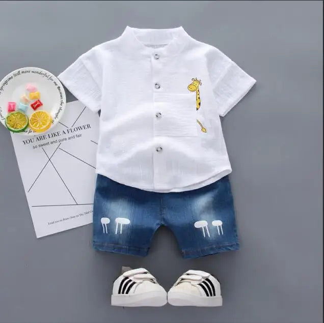 New Summer Hot Sale Toddler Kids Baby Boys Shirt Cartoon Tops Denim Shorts Pants Outfits Set Baby Clothes - TiniLoom