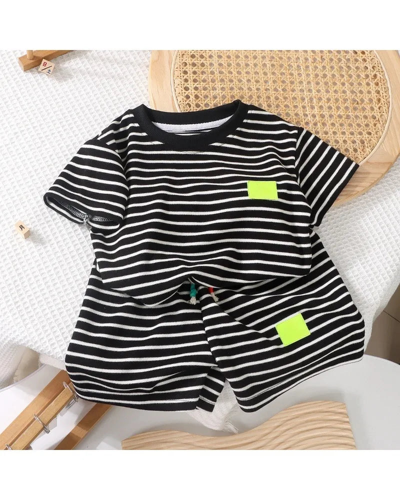 2Pcs Fashion Children Short Sleeve Shorts Sets Summer Kids Clothes Boys Baby Cotton Tee Pant Outfits Black and White Stripe - TiniLoom