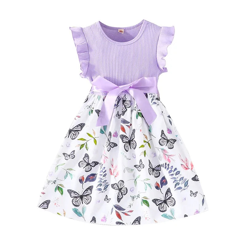 Set For Kids Girl 3-7 Years old Ruffled Sleeve Butterfly Floral Tulle Cute Princess Formal Dresses with Belt Ootd For Baby Girl - TiniLoom