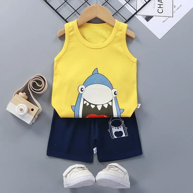 Children Sets Kids Clothes Boys Girls Vest Suit Summer Children's Clothing baby Cotton T-Shirts Shorts Tank Top Sleeveless - TiniLoom