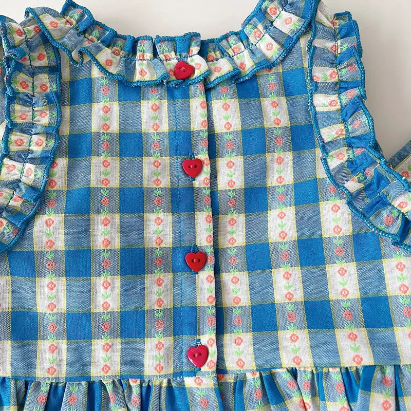 Children's Clothing Sets Blue Plaid Floral Print Sleeveless Top + Wide Leg Pants + Shorts 3 Pcs Sets Kids Clothes for Girls - TiniLoom
