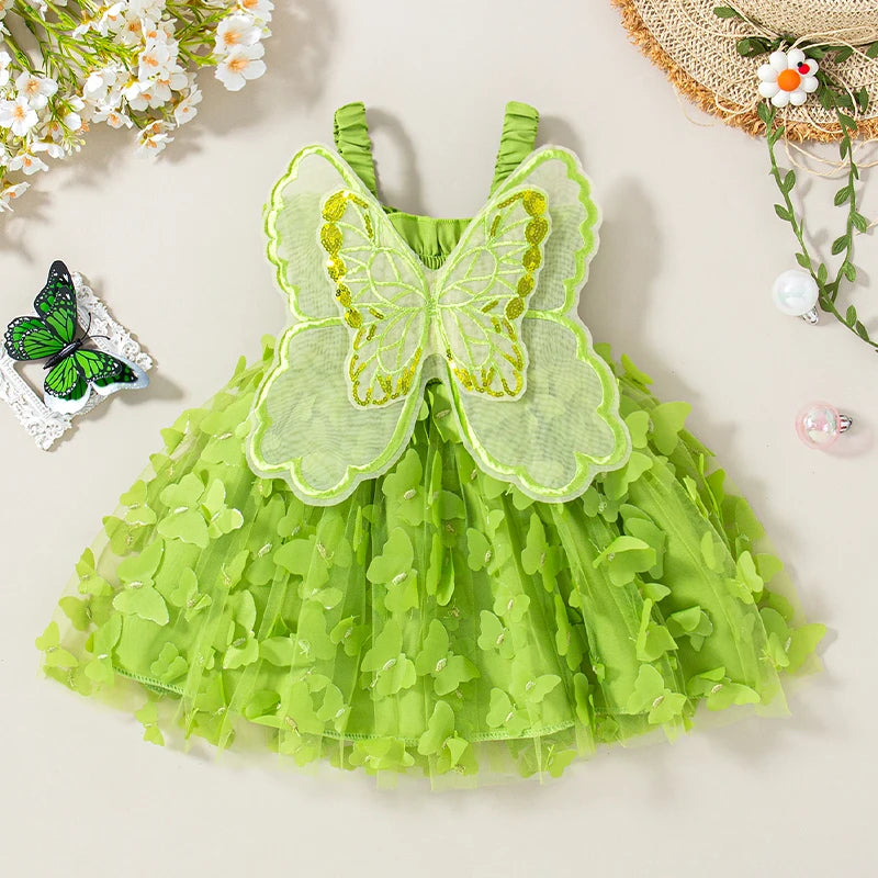 Baby Girl Dress Summer Butterfly Mesh Suspender Girl Dress Cute Back Wings Girl Wedding Flower Girl Dress - TiniLoom