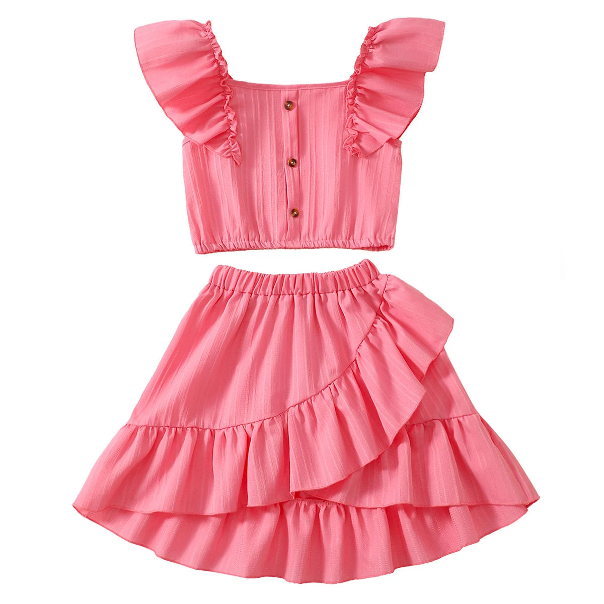 Kid Girls Summer Princess Clothing Set Flutter Sleeve Plain Color Tops+Short Skirt Sweet Style Party Wear For Child 8-12 Years - TiniLoom