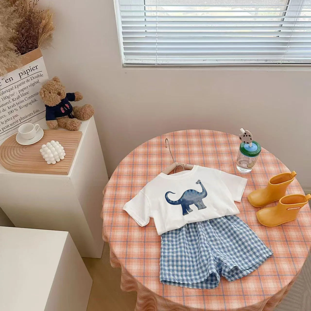 2Pcs Baby Clothes Set Newborn Boys Casual Dinosaur Print Short Sleeved T-shirt+plaid Shorts Toddler Girl Summer Kids Outfit Set - TiniLoom