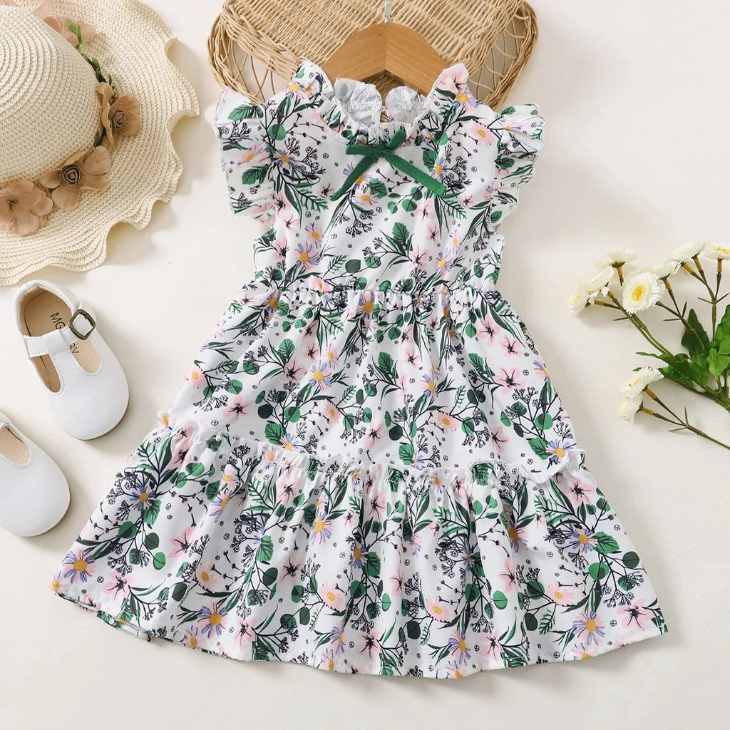 1-6 Years Kids Baby Girl Daily Dress Flowers Print Sleeveless Retro Style Lovely A- Line Summer Children Holiday Party Dresses - TiniLoom