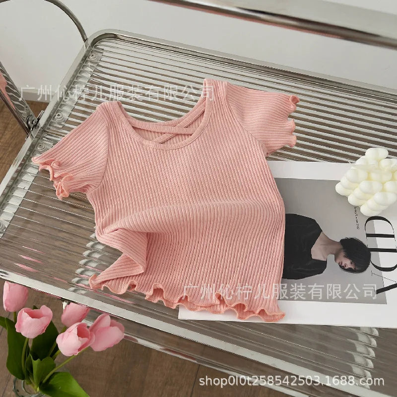 Girls T-Shirt Summer Children Short Sleeved Thin Soft Tops Simple Solid Color Casual Kids Clothing 2-6 Years Sweet Shirtthing - TiniLoom