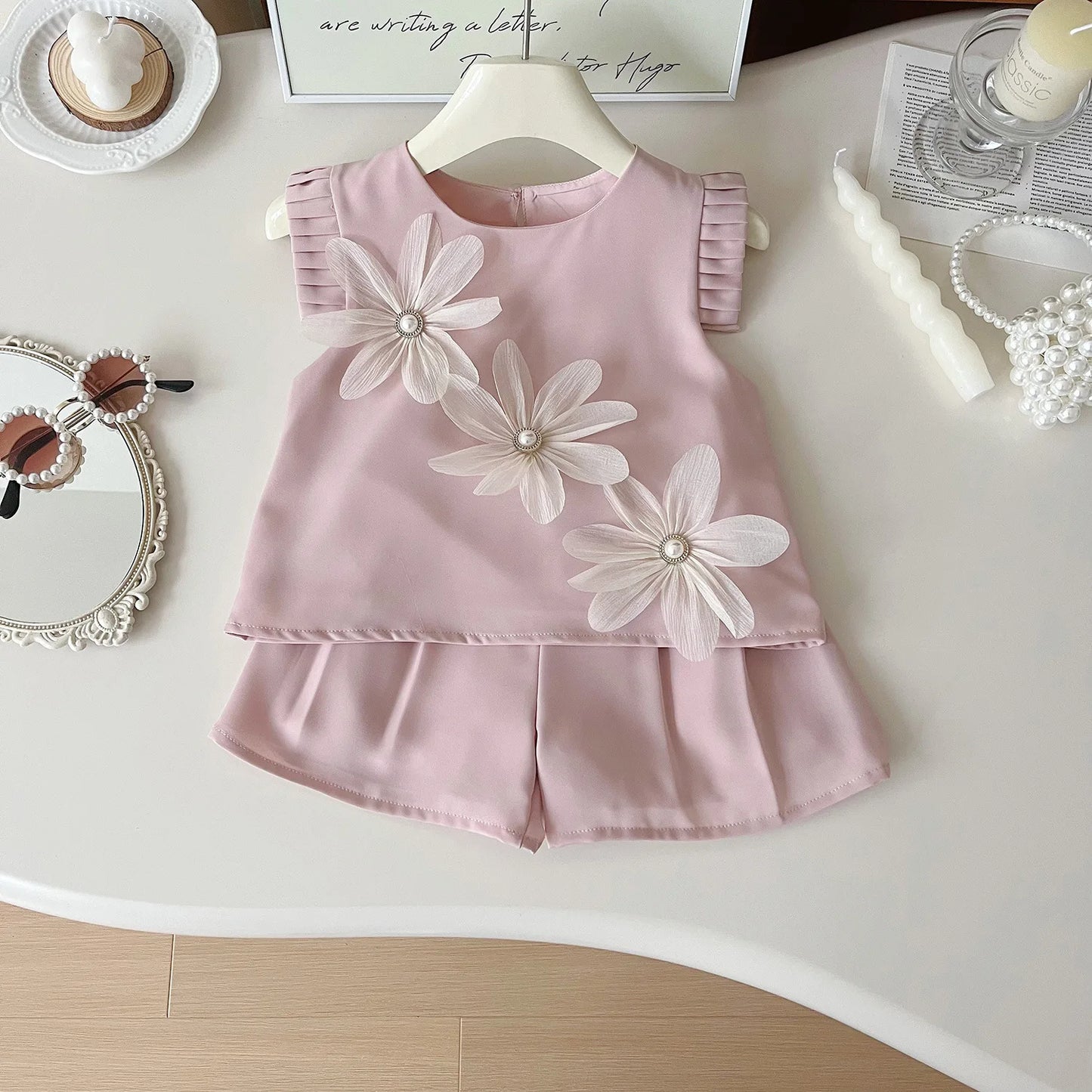 Children's Suit For Girls Summer Cute Three Flowers Short Sleeve Tshirt + Shorts 2 PC Sets Casual Outfit Baby Kids Clothing - TiniLoom
