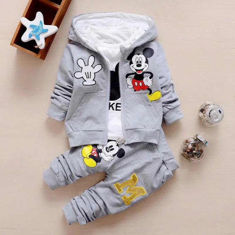 Spring and Autumn New Products Boys Clothes Set Cute Mickey Cotton Hooded Coat + T-shirt + Pants 3PCS Set Casual Kids Sportswear - TiniLoom