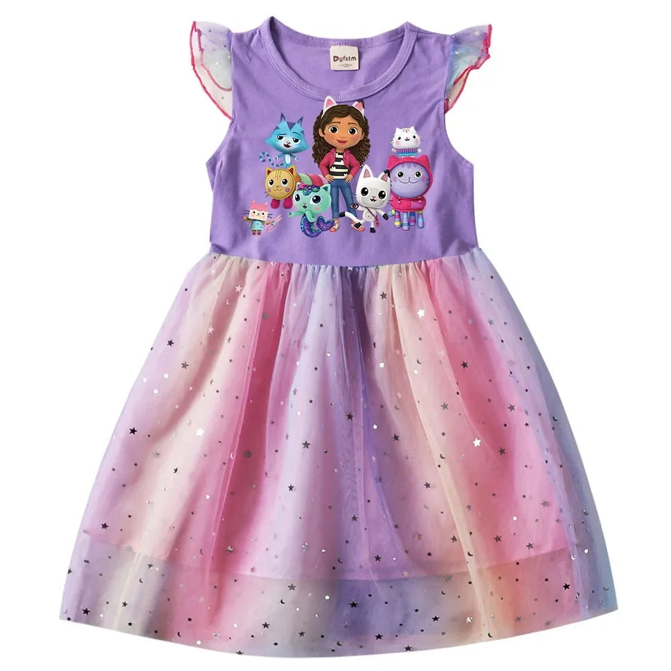 Baby Girls Dress Children Cartoon Mesh Star Sequins Princess Dress Kids Flying Sleeve Skirt For Daily Halloween Birthday Gift - TiniLoom