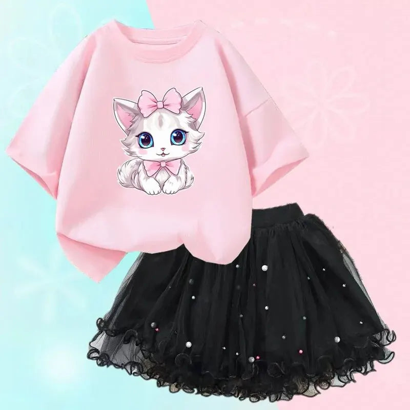 Cute Summer Girls Outfits Cartoon Cat T-shirt and Tutu Skirt 2pc/Set Girl Princess Clothes Suit Children Birthday Clothing - TiniLoom