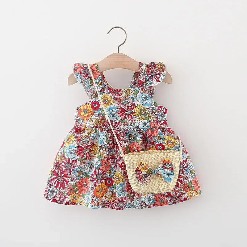 (Girls 0-3 years old)New Summer Girls Dress Halter Small Flying Sleeve Ruffled Flowers Full Print + Crossbody Bag A-line Dress - TiniLoom