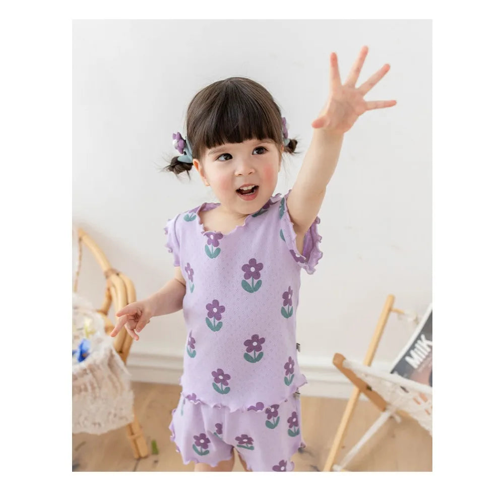 Bear Leader Summer New Pajama Baby Girl Clothes 3-7 Years Old Flower Printed Short Sleeved Top + Shorts Cute Children's Set - TiniLoom
