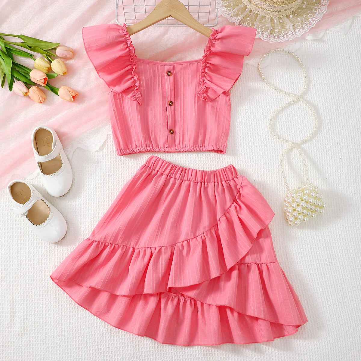 Kid Girls Summer Princess Clothing Set Flutter Sleeve Plain Color Tops+Short Skirt Sweet Style Party Wear For Child 8-12 Years - TiniLoom