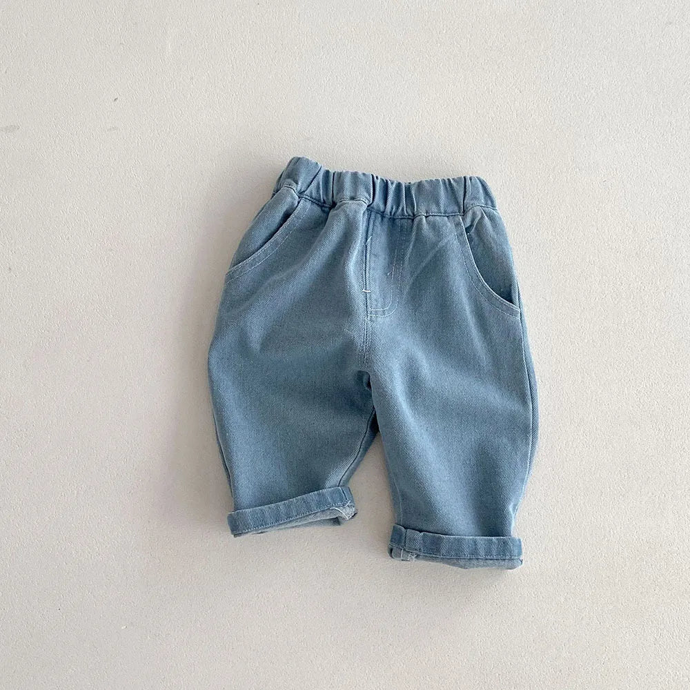 1-5Y Kid's Jeans New 2024 Autumn Solid Color Denim Pants Loose Style Boys Trousers Mid Waist Kid's Outdoor Pants - TiniLoom