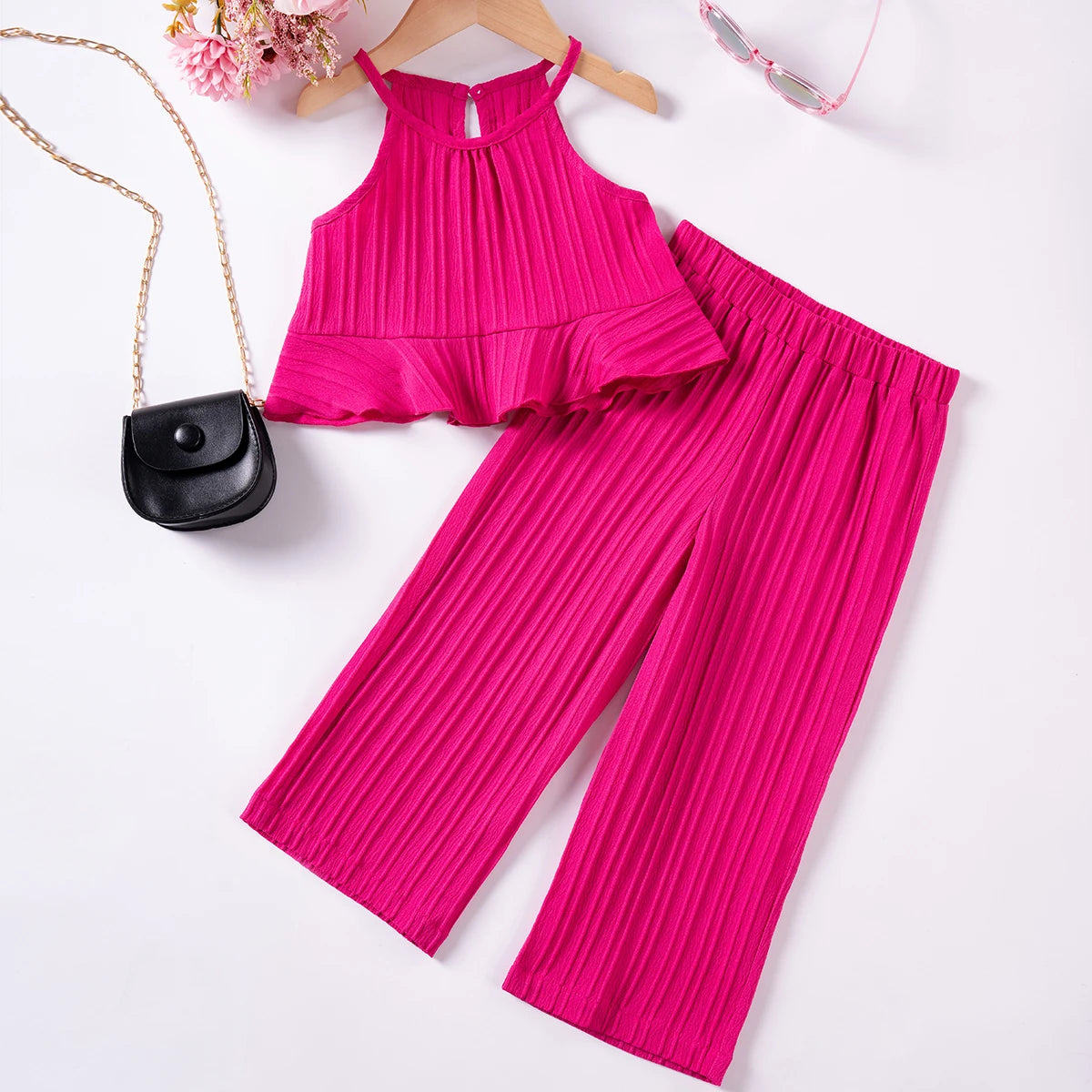 Girls Solid Color Suspenders Summer Suspenders Ruffles + Wide Leg Pants 2 Pieces Dress Set White Cute Elegant Baby Clothes - TiniLoom