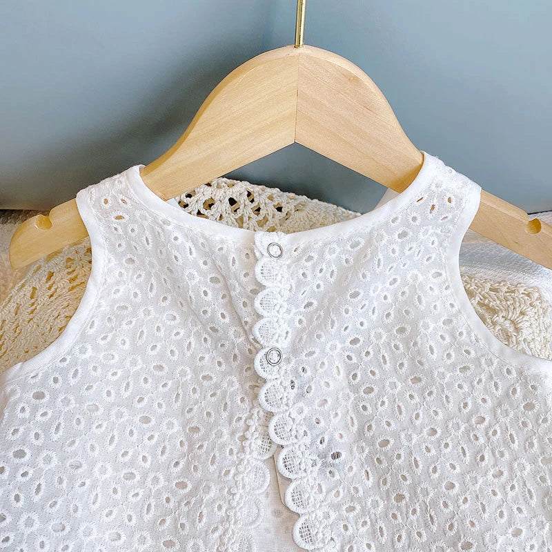 Girls 2024 Summer Clothing Sets Hollow Lace Suit Baby Casual Sleeveless T-shirt+Shorts Kids Clothing Sets Baby Clothes Outfits - TiniLoom