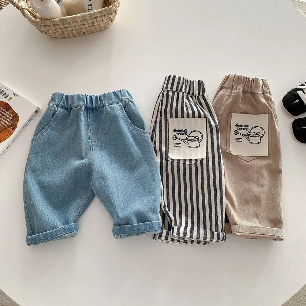 1-5Y Kid's Jeans New 2024 Autumn Solid Color Denim Pants Loose Style Boys Trousers Mid Waist Kid's Outdoor Pants - TiniLoom