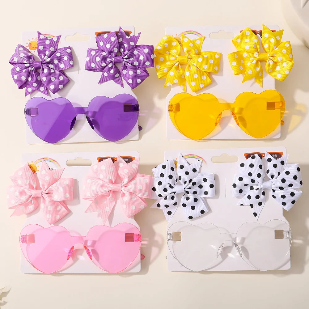 3Pcs/Pack Solid Dot Hair Bows Clip Girls Boutique Bowknot Hair Clips Kids Colorful Heart Sun Glasses Children Hair Accessories - TiniLoom