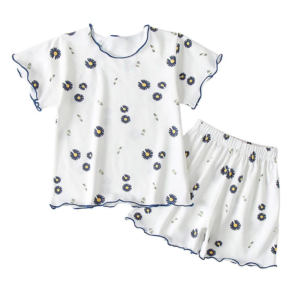 Girls Summer Pajama Sets Stylish Cartoon Pattern Printing Short Sleeve Top and Pants Made from Luxurious Cozy Ice Silk Material - TiniLoom