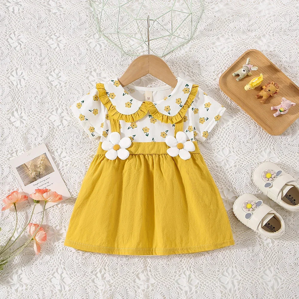 (0-3 Years Old) Summer Baby Girl Cotton Flower Fake Two-Piece Shoulder Strap Dress Girl Cute Short Sleeved Dress - TiniLoom