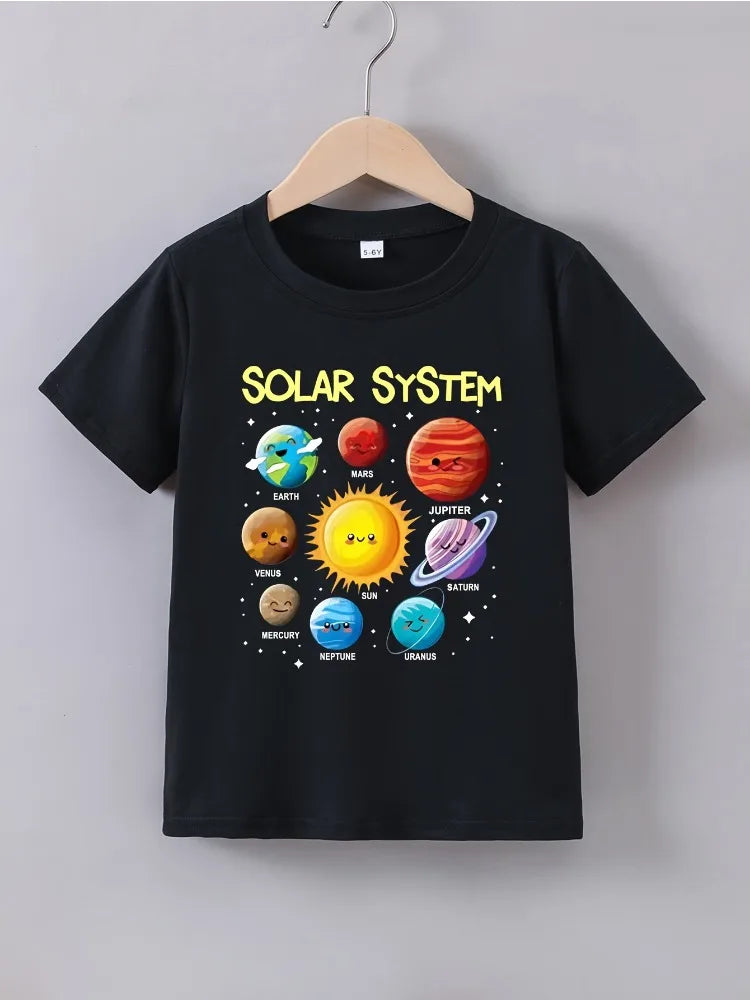 Summer Baby Boy Clothes Kid Girls Casual Solar System Planets Printed T-shirts Children Fashion Crew Neck Short Sleeve Top - TiniLoom