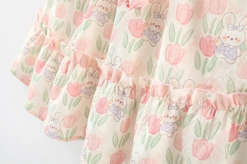 Summer Hardwear Girl Dress Tulip Cartoon Rabbit Print Small Flying Sleeves Flower Neck Bow Ribbon Tulip Flower Pattern - TiniLoom