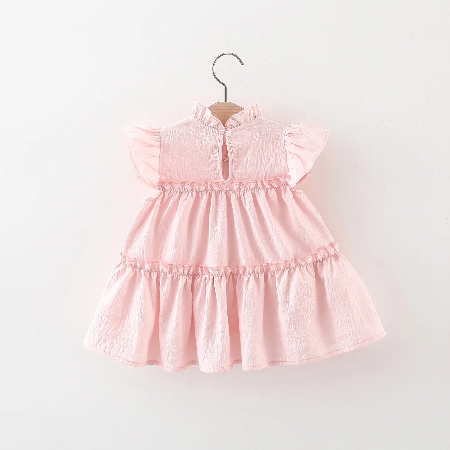 Summer Tulip Solid Small Flying Sleeves Dress For Kids Girl Cute Pink Princess Dress For Baby Kids - TiniLoom