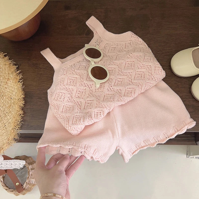 Girl's Clothing Sets 2023 Summer Korean Thin Knitted Girl Set Children Hollow Breathable Vest + Wide Leg Pants Two-piece Suit - TiniLoom