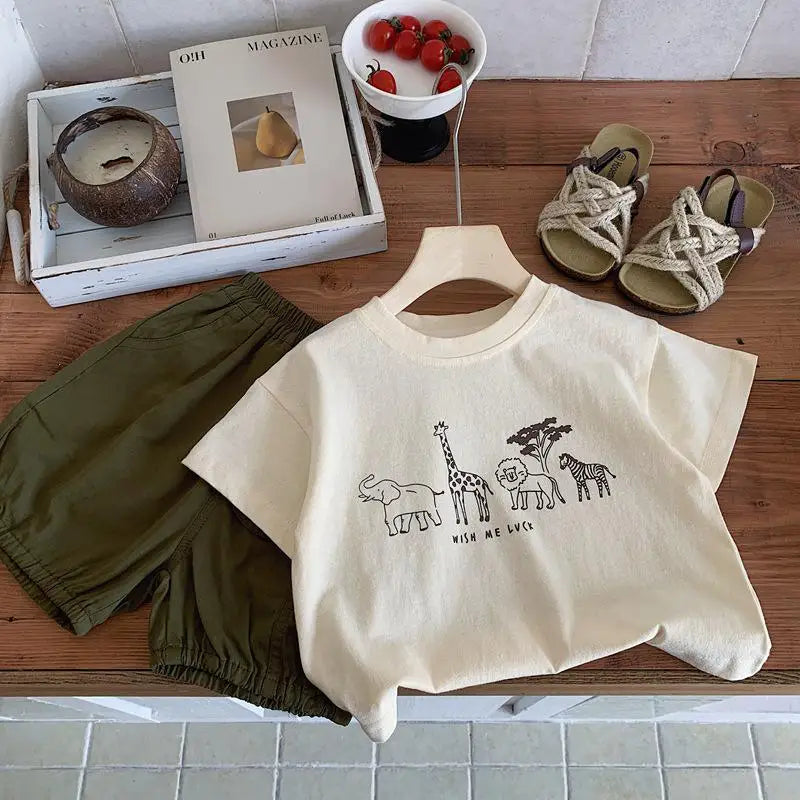 Summer Boys Solid Color Base Shirt Pure Cotton Clothing Thin Round Neck Short Sleeve Tops Child New Print T-shirt Outer Wear - TiniLoom