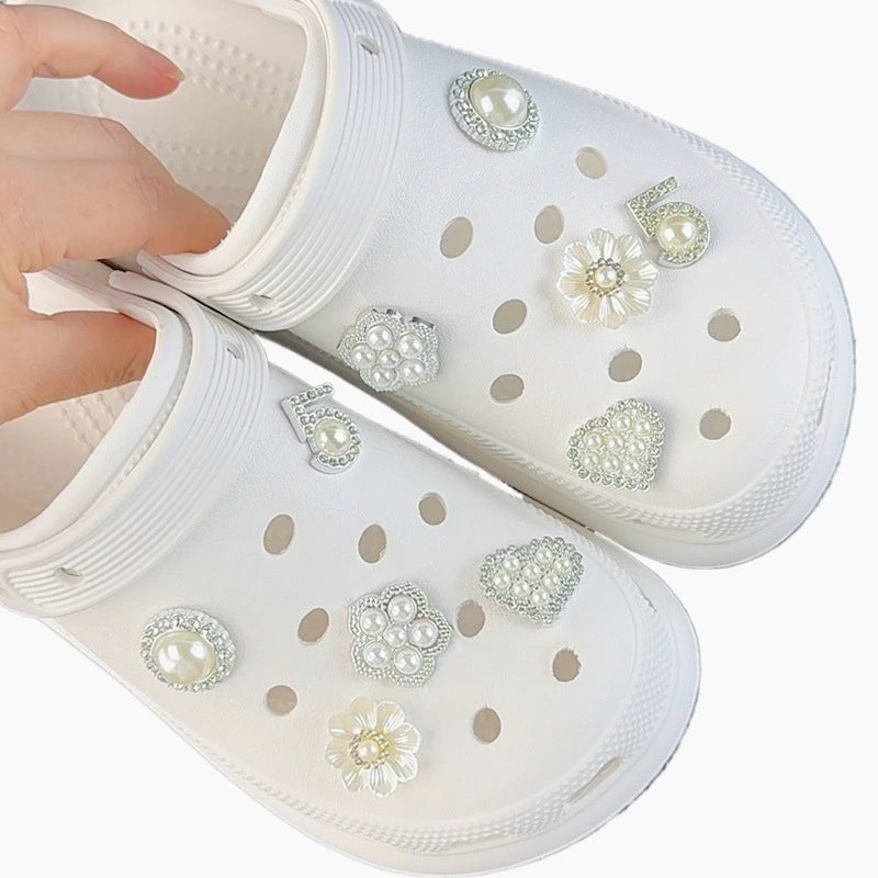 10PCS Luxury Shoe Charms Set Accessories Hole Shoe Buckle Pearl Rhinestone Flower DIY Shoes Decorations Girls Party Woman Gift - TiniLoom