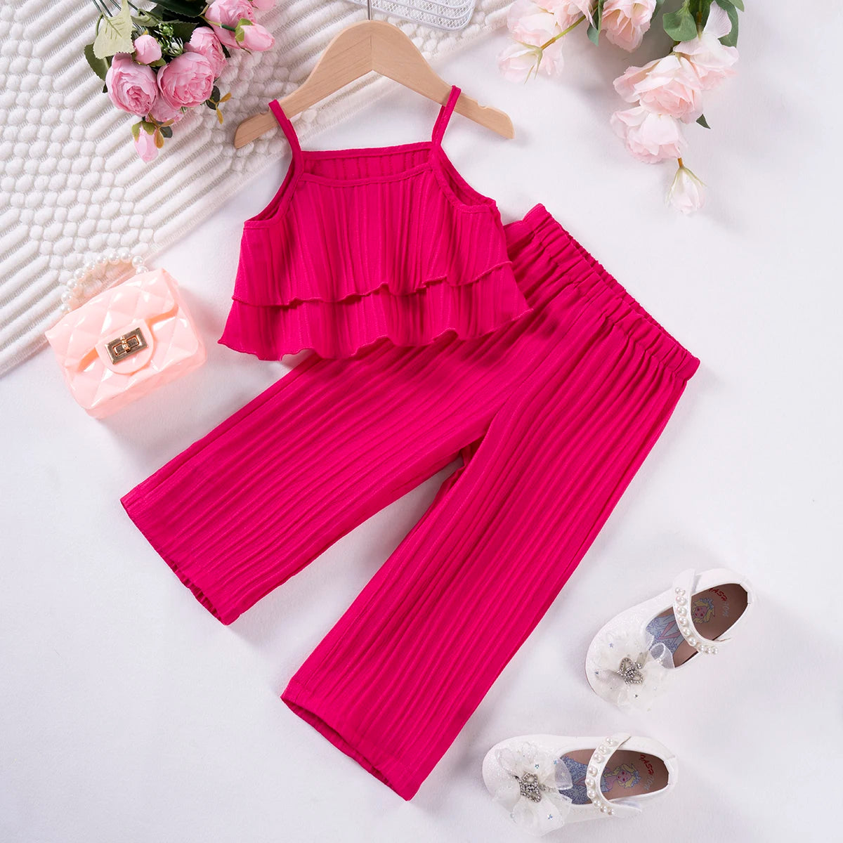 Girls Solid Color Suspenders Summer Suspenders Ruffles + Wide Leg Pants 2 Pieces Dress Set White Cute Elegant Baby Clothes - TiniLoom