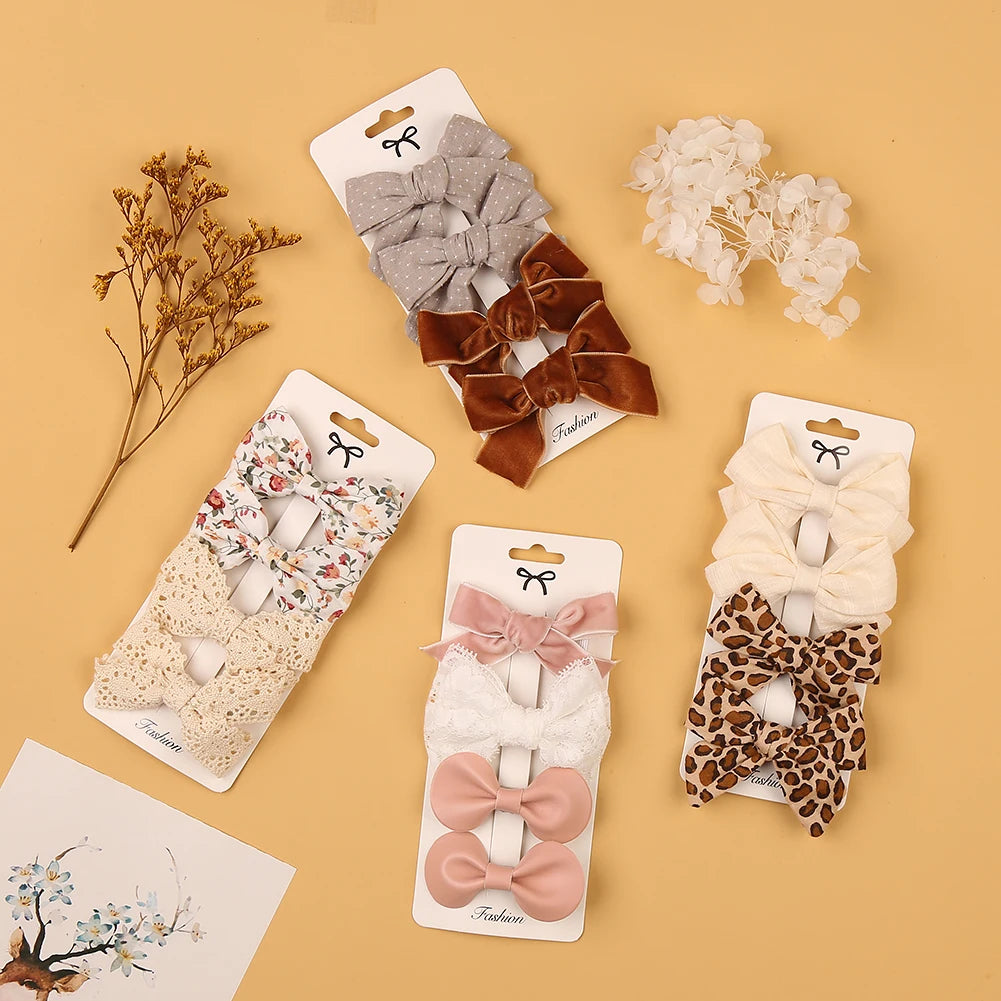 4Pcs/set Leopard Dot Print Bowknot Hair Bow Clips Baby Girls Lace Cotton Linen Barrettes Safety Hairpins Headwear Accessories - TiniLoom