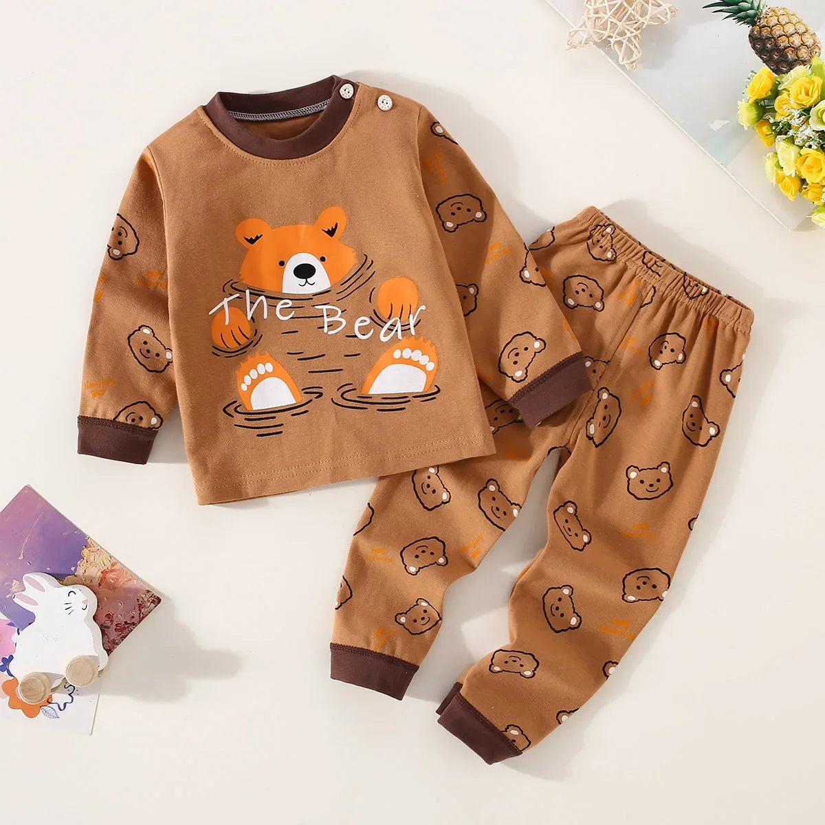 Toddler Boys Underwear Set Cotton Lettering And Bear Pattern Long Sleeve Top And Matching Pants Pajama Set - TiniLoom