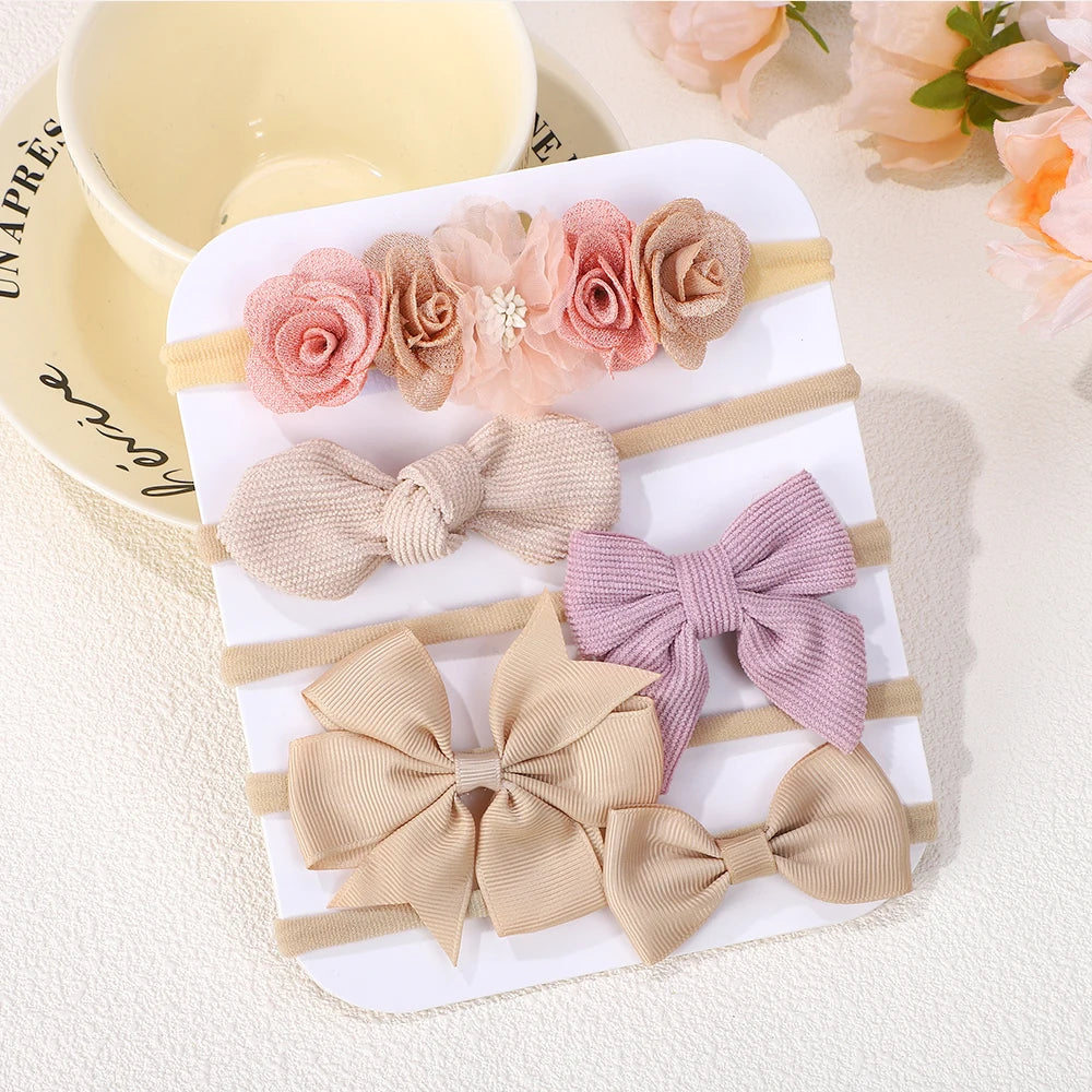 5Pcs/Set Baby Elastic Headband Newborn Flower Lace Bowknot Nylon Hair Bands for Girls Infant Toddler Soft Hair Accessories Gift