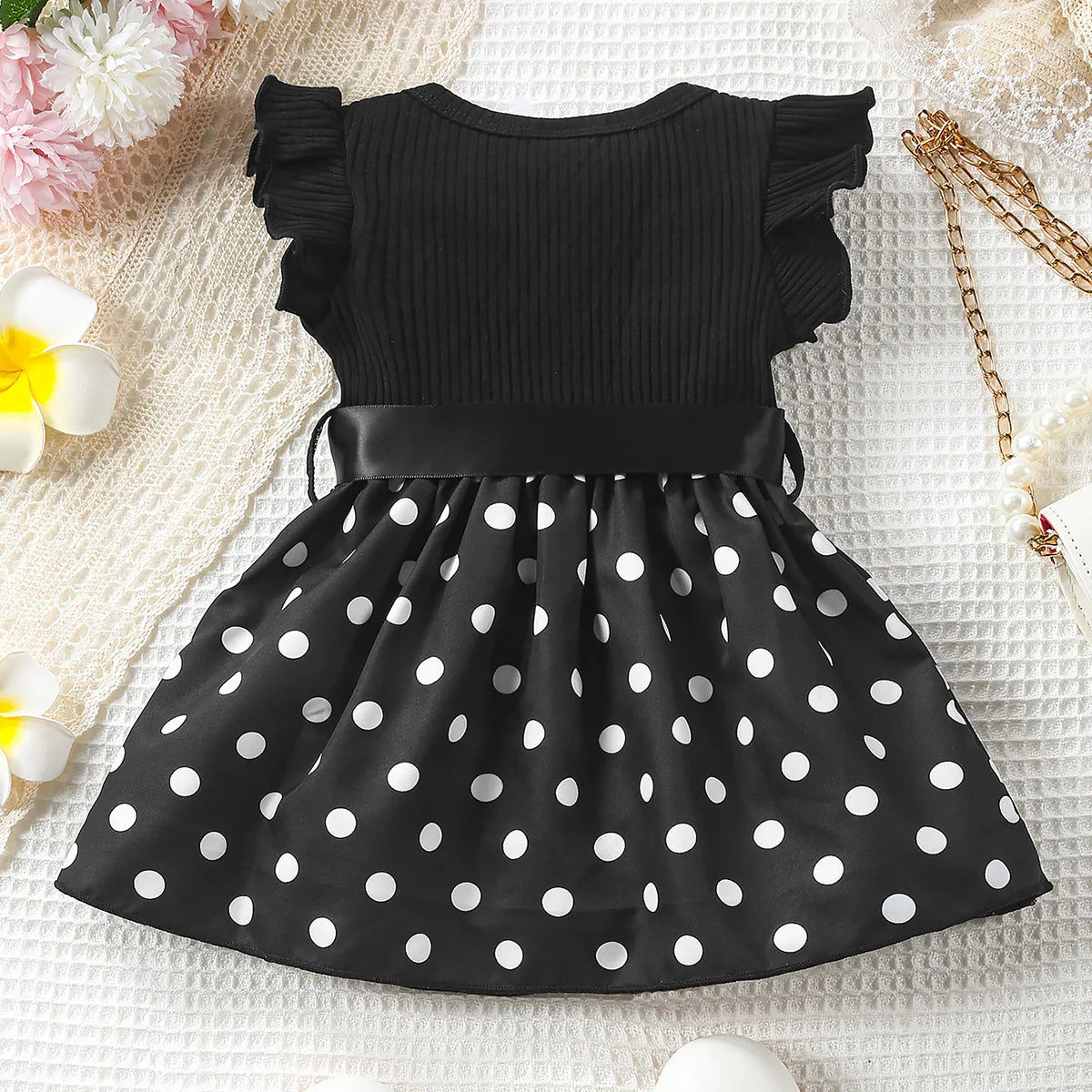 Baby Girl Butterfly and Plant Polka Dot Print Ruffle Sleeve Belt Dress + Ribbon - TiniLoom
