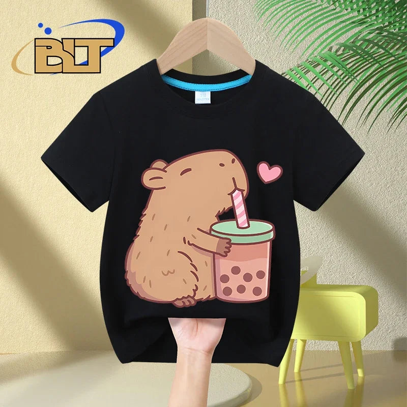 Cute Capybara Loves Bubble Tea print kids T-Shirt summer children's short-sleeved casual tops boys and girls gifts - TiniLoom