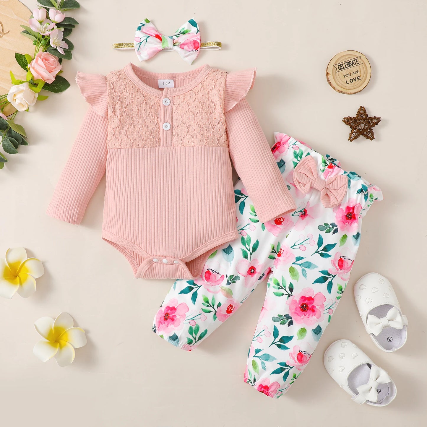 3PCS Baby Girl Clothes Set Long Sleeve Romper Top+Flowers Pant+Headband Spring&Autumn Lovely Outfit for Toddler Girl 0-18 Months - TiniLoom