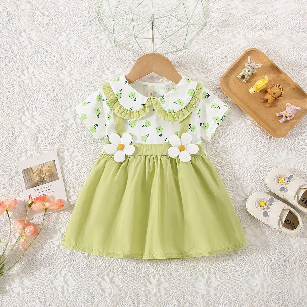 (0-3 Years Old) Summer Baby Girl Cotton Flower Fake Two-Piece Shoulder Strap Dress Girl Cute Short Sleeved Dress - TiniLoom
