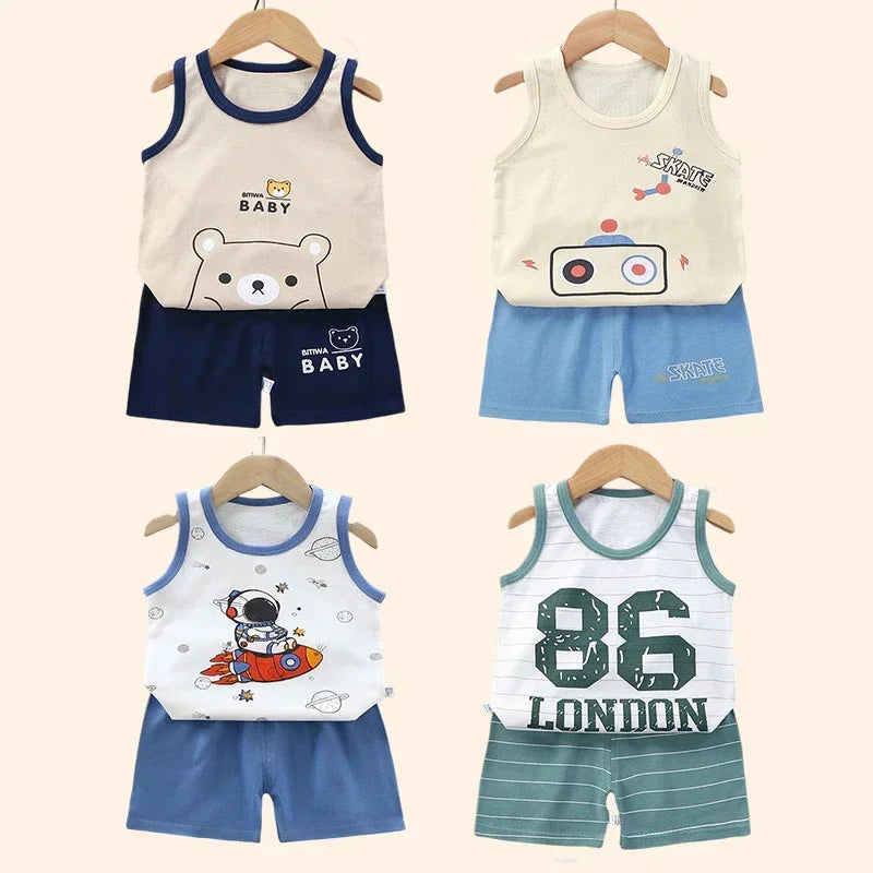 Children Sets Kids Clothes Boys Girls Vest Suit Summer Children's Clothing baby Cotton T-Shirts Shorts Tank Top Sleeveless - TiniLoom