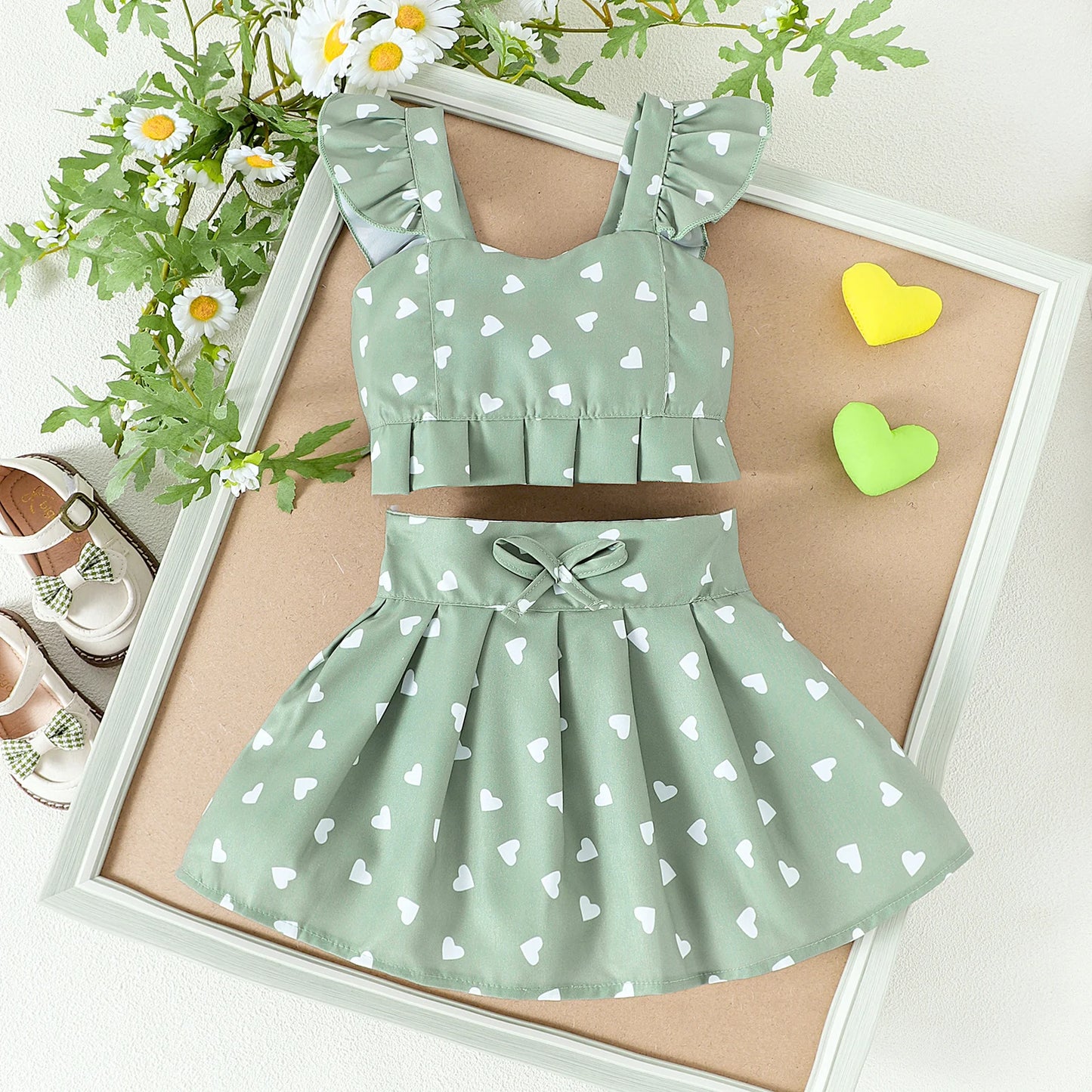 2PCS Summer New Style Girls 1-4 Years Old Comfortable Sweet Cherry Love Pattern Top + Short Skirt Set - TiniLoom