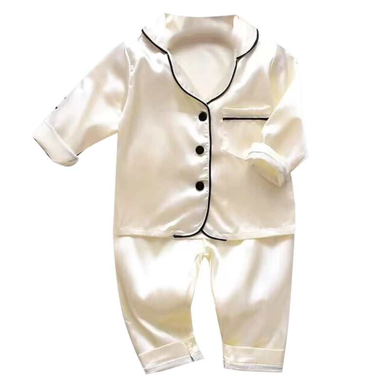 Korean version of childrens pajamas set silk satin long sleeve top+trousers two -piece male baby girl cartoon solid color set - TiniLoom