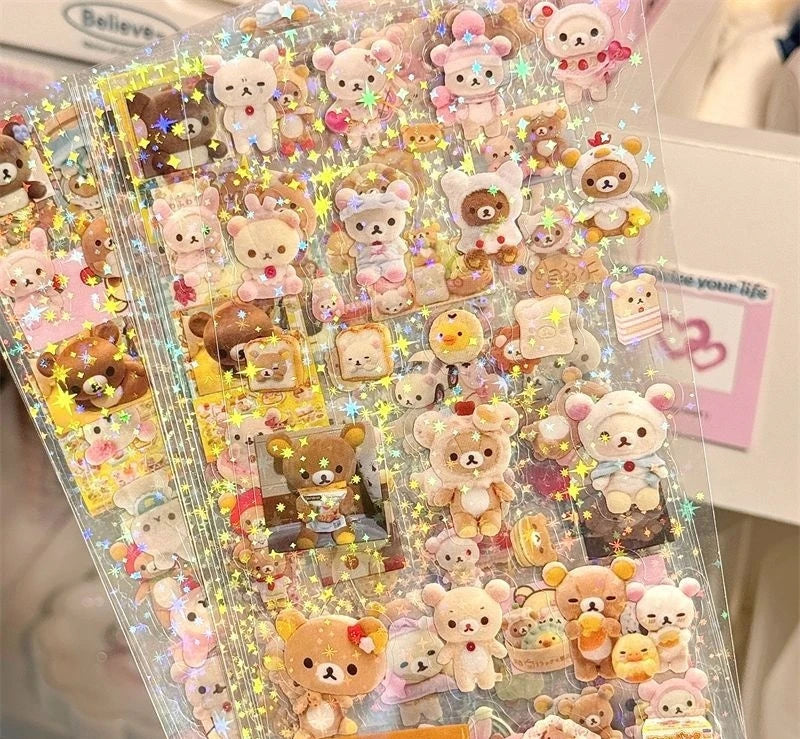 5pcs Kt Rilakkuma Cartoon Die-Cutting Sticker Kt Cat Diy Flashing Laser Stickers Anime Handbook Material Stickers Girl Kid Gift - TiniLoom