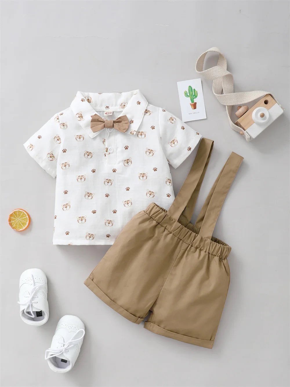 2PCS Infant Boy Clothes Set Tiger Print Short Sleeve with Bow+Strap Shorts Casual Party Birthday Suit for Toddler Boy 0-2 Years - TiniLoom