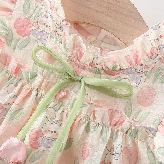 Summer Hardwear Girl Dress Tulip Cartoon Rabbit Print Small Flying Sleeves Flower Neck Bow Ribbon Tulip Flower Pattern - TiniLoom