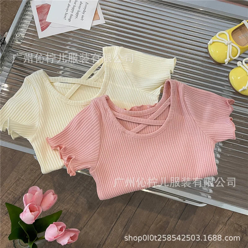 Girls T-Shirt Summer Children Short Sleeved Thin Soft Tops Simple Solid Color Casual Kids Clothing 2-6 Years Sweet Shirtthing - TiniLoom