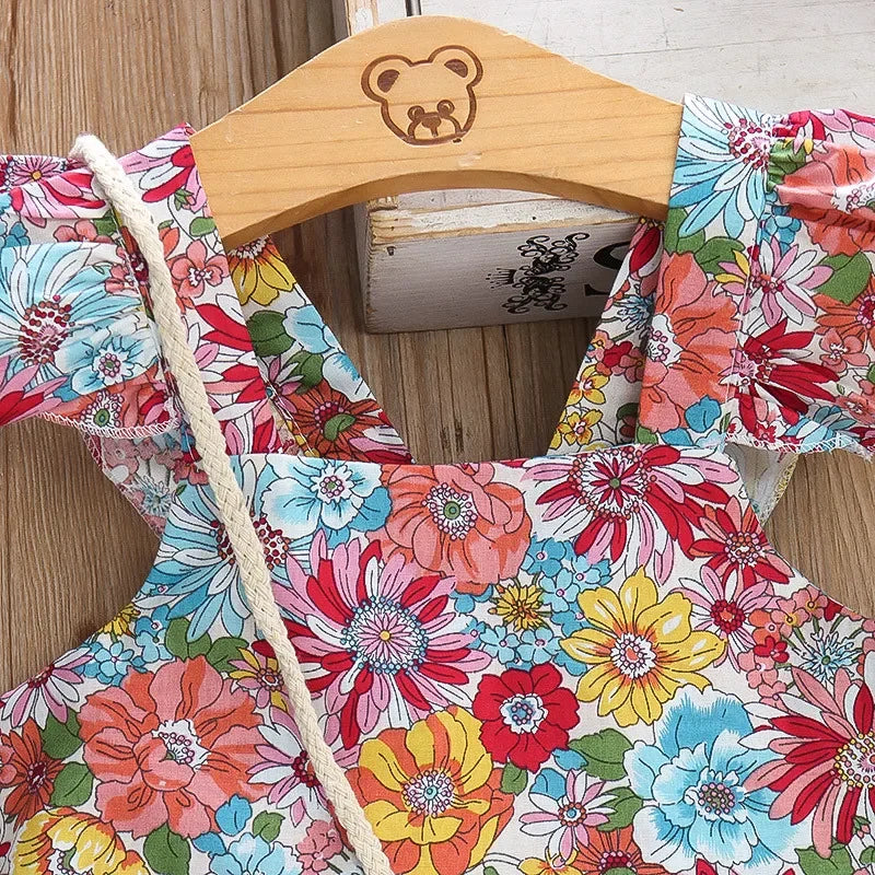 (Girls 0-3 years old)New Summer Girls Dress Halter Small Flying Sleeve Ruffled Flowers Full Print + Crossbody Bag A-line Dress - TiniLoom