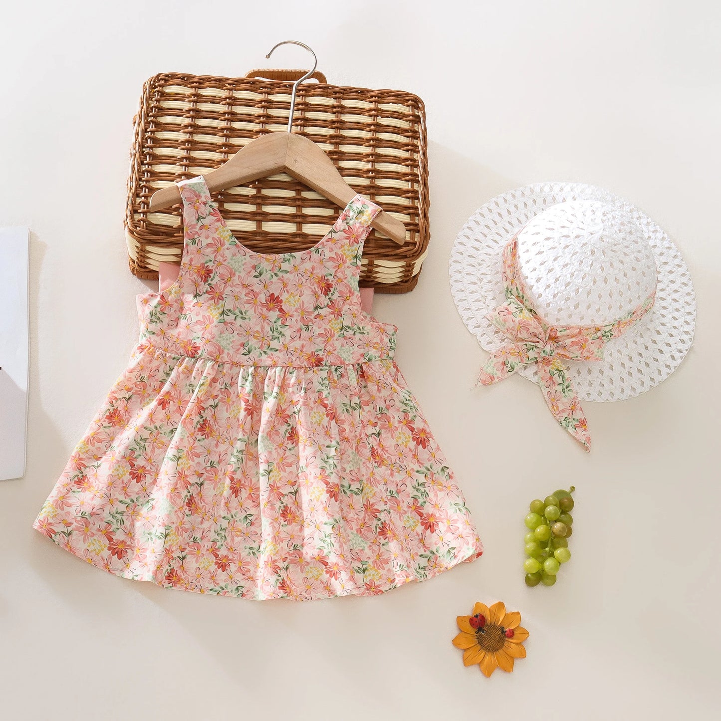 Summer 2-Piece Baby Dress+Sun Hat Bow Strap Floral Baby Girl Dress Soft And Comfortable Children'S Clothing - TiniLoom