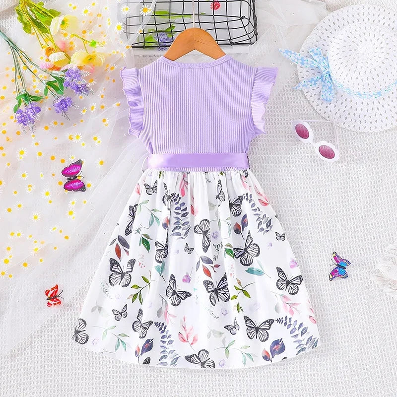 Set For Kids Girl 3-7 Years old Ruffled Sleeve Butterfly Floral Tulle Cute Princess Formal Dresses with Belt Ootd For Baby Girl - TiniLoom