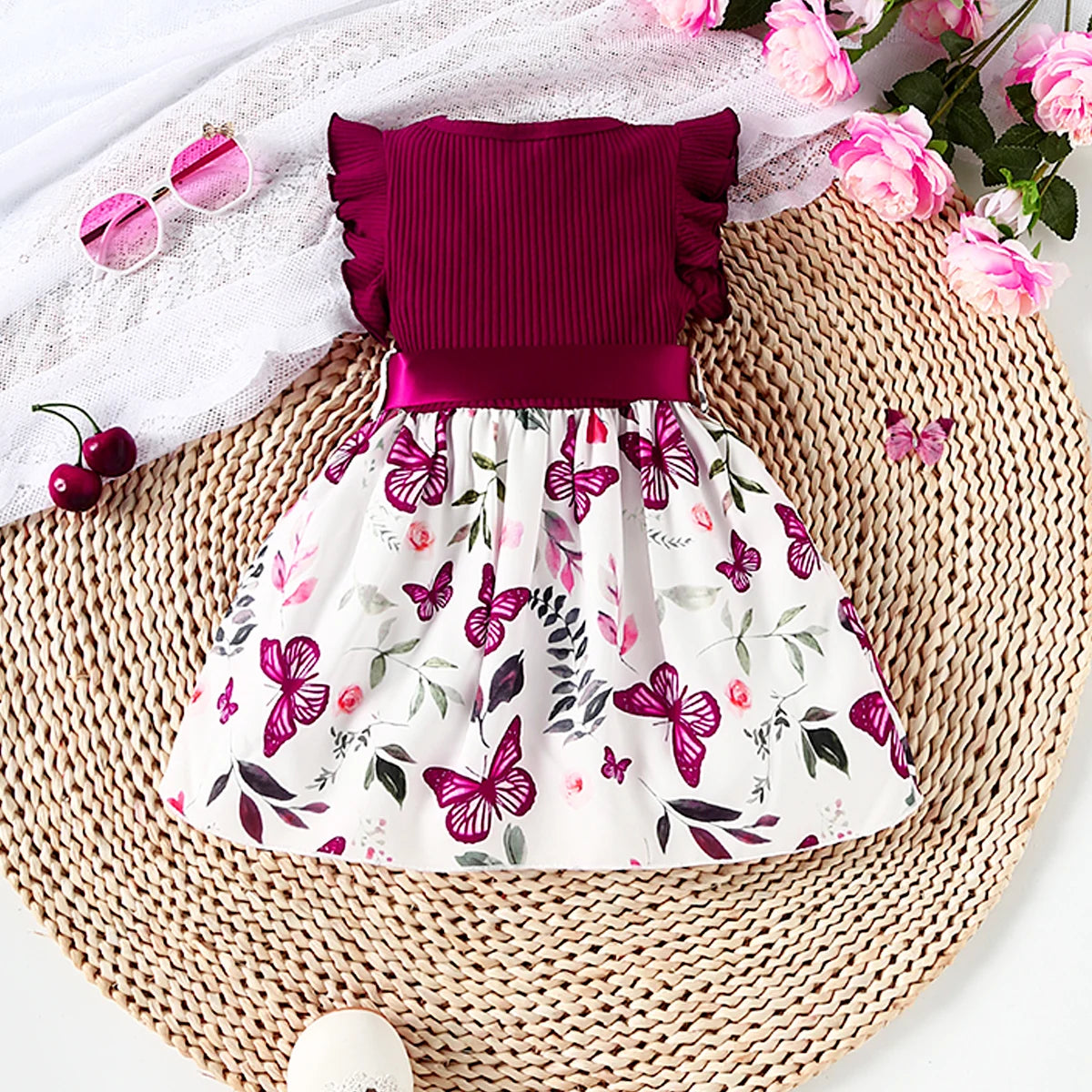 Baby Girl Butterfly and Plant Polka Dot Print Ruffle Sleeve Belt Dress + Ribbon - TiniLoom