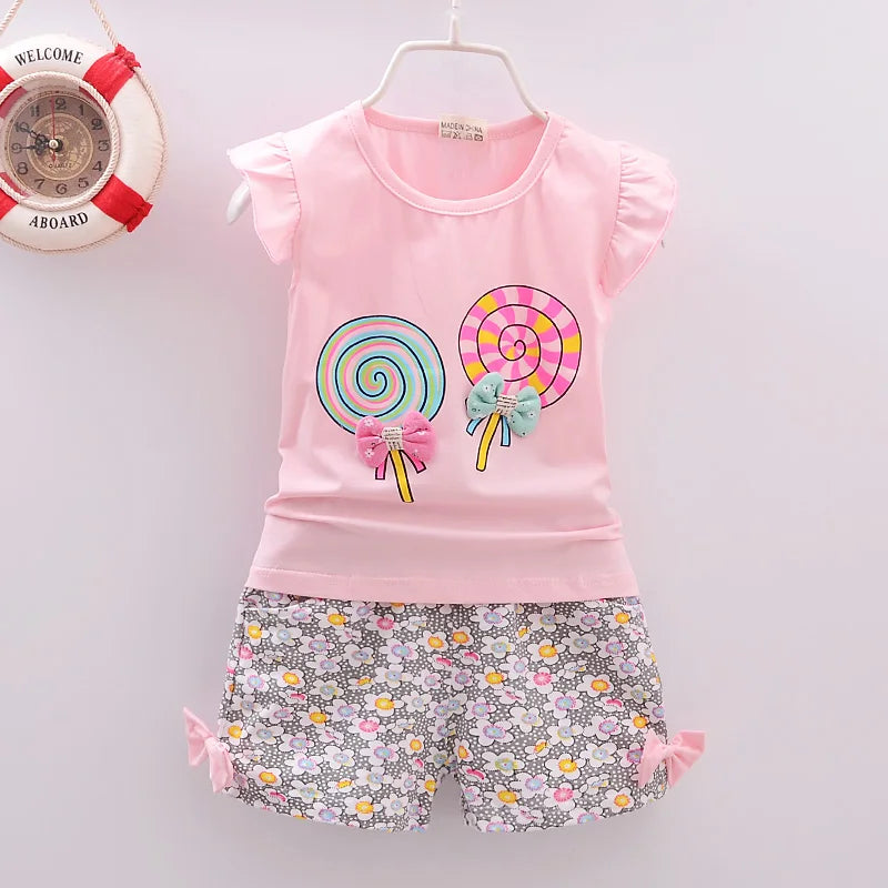 Baby Girls Clothes Sets for Kids T-shirt Tops+Short Pants Clothes Sets Toddler Girl Lollipop Printed Summer Infant Clothing Sets - TiniLoom
